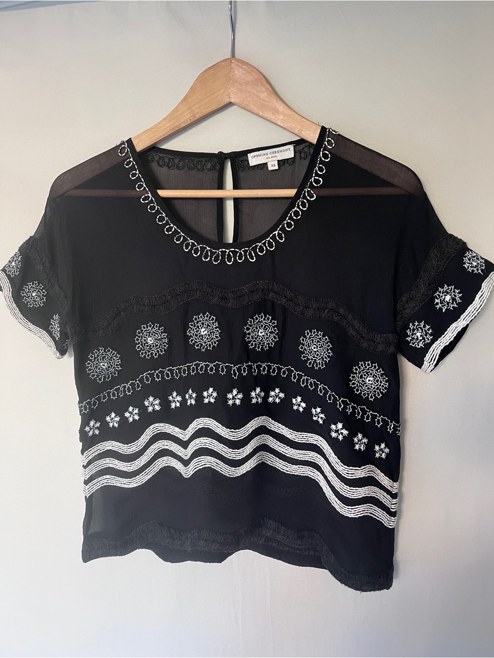 Opening Ceremony Silk Embroidered Sheer Blouse Black White XS